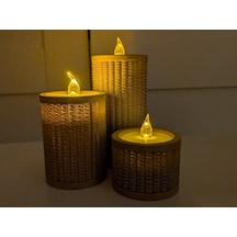 Bezos Rattan Görünümlü Tealight Mumluk Seti 3'lü Dekoratif Mum Tutucu Pro Çok Renkli