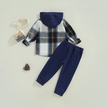 Lacivert Yürüyor Erkek Bebek Giysileri Uzun Kollu Ekose Hoodie Kazak + Eşofman Küçük Çocuk Sonbahar Kış Kıyafetler Set Tops Lacivert