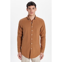 Tudors Erkek Slim Fit Dar Kesim %100 Pamuk Keten Doku Düğmeli Yaka Kahverengi Gömlek-32809 Kahverengi