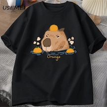 Startmore Capybara Portakallar İle Yüzme T-shirt Boy T Shirt Unisex Pamuk Shrot Kollu Karikatür Hayvan Siyah