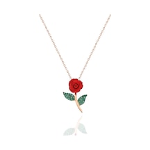 925 Ayar Gümüş Yeşil Yapraklı Kırmızı Gül Rose Zincirli Kadın Kolye Rose