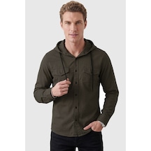 Rizzup Haki Kapüşonlu Likralı Kot Gömlek Slim Fit Çıt Çıt Kapamalı Erkek Gömlek 2300396