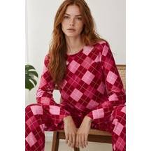 Kadın Çizgili Regular Fit Kırmızı Pijama Takımı 4766