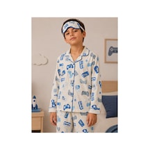 Free Beka Erkek Çocuk Önden Düğmeli Konsol Desenli Uzun Kollu Pijama Takımı Ve Göz Bandı Krem