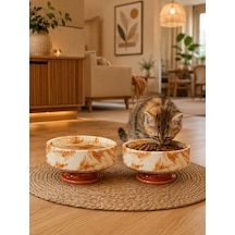 Mama Kabı Kedi Ve Köpek Ayaklı 2 Li Seramik Doğal Mama Ve Su Kabı Kahverengi Marble