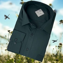 Linen Keten Klasik %100 Cotton Uzun Kollu Terletmeyen Koyu Yeşil Gömlek Regular Kalıp -10355 Koyu Yeşil