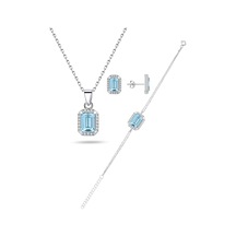 Brezza Lusso Jewelry Enesstore 925 Ayar Gümüş Aquamarin Taşlı Baget Kolye Küpe Bileklik Set