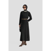 Armine Trend Düğme Detaylı Etekli Triko İkili Takım Siyah 25ktd6107