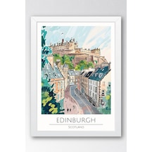 İskoçya Edinburgh Temalı Çerçeveli Tablo Travel Serisi Modern İllüstrasyon Şehir Duvar Dekoru Beyaz