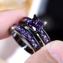 Siyah&mor 2 Adet Zarif İstifleme Yüzükler Kare Mor Pembe Beyaz Zirkon Taş Yüzükler Kadınlar İçin Set Düğün Parti Parmak Takı 12 Çok Renkli
