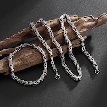 Silver Renk Tamamı Saf Çelik Kral Erkek Kolye Bileklik Set 4mm Gümüş