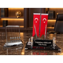 Velora 3 Parça Kristal Ofis Seti Kişiye Özel İsimlik Türk Bayraklı Gümüş Newton Topu Siyah - Gri
