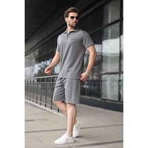Madmext Füme Yarım Fermuarlı Polo Yaka T-shirt Şort Takım E7348 Füme