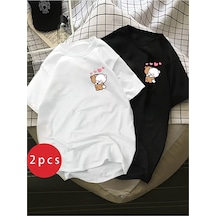 Nevermind Sevgili Kombini Ayıcık Kalp Baskılı Çift Tişört Oversize Unisex P Çok Renkli