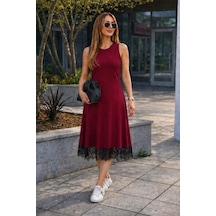 Veraura Lifestyle Kadın Askılı Yuvarlak Yakalı Etek Ucu Dantelli Midi Elbise Bordo