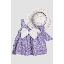 Bebek Elbisesi Şapkalı Çiçek Desenli Elbise-lila