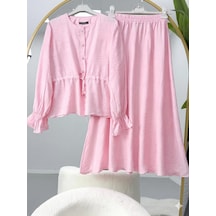 Lovie Moda Kolları Büzgülü Belden Bağlamalı Tesettür Etekli Takım Pembe