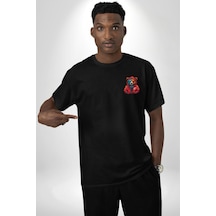 Kırmızı Hoodie Ayı Siyah Oversize Unisex Ön Sol Yan Minimal Baskılı Tişört Koyu Siyah