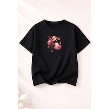 Herkesemoda Güllü Kadın Temalı Baskılı Kadın Bisiklet Yaka Pamuklu T-shirt Siyah