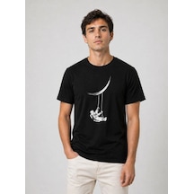Erkek Astronot Ay Temalı Tişört Kısa Kol Yazlık Bisiklet Yaka T-shirt - Siyah Çok Renkli