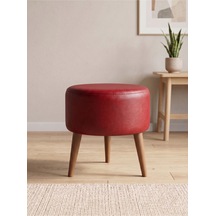 Modern Kırmızı Deri Puf Tabure Ahşap Ceviz Ayaklı Yuvarlak Puf 40x42 Cm
