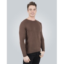 Erkek Standart Fit Normal Kesim Bisiklet Yaka Petek Desenli Kahve Triko Kazak-3440 Kahverengi