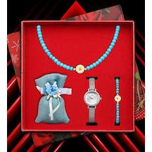 Özel Kutusunda Hasır Kordon Saat & Papatya Kolye & Papatya Bileklik & Lavanta Kesesi Hediye Seti Kadına Özel Hediye Kutusu