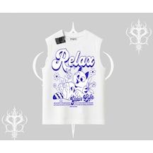 Tarzsokak Relax Kedi Baskılı Kolsuz Tshirt Beyaz