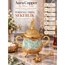 Aura Copper Porselen Pirinç Şekerlik 150 Ml Kapaklı Kaşıklı Kulplu Ayaklı Lokumluk Yeşil Gold