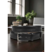 Deepsea Erkek Siyah Klasik Suni Deri Kemer 3,5 Cm Eninde Lazer İşlemeli Suni Deri Kemer 2402612 Siyah