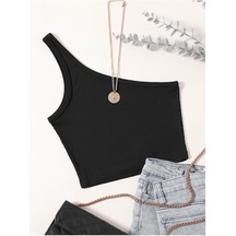 Liona Asimetrik Yaka Kolsuz Tek Omuz Askılı Siyah Renk Fitilli Crop Top Bluz Siyah