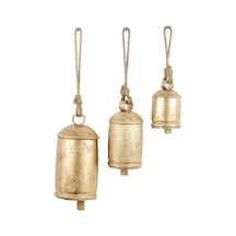 Dekoratif Metal İnek Çanı, Tibet Esintili, Meditasyon, Asmak İçin Jüt Halatlı, 3 Adet, 25,4 Cm, 20,3 Cm, 15,2 Cm Yüksekliğinde, Altın Rengi