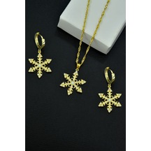 Papatya Silver 925 Ayar Gümüş Gold Kaplama Singapur Zincir Opal Kar Tanesi Kadın Kolye ve Küpe Set