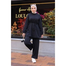 Hakim Yaka Detaylı Tesettür Siyah Takım Siyah