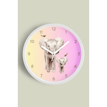 Sevimli Fil Temalı Modern Duvar Saati - 42cm - Önü Camlı Beyaz Kasa - Sessiz Mekanizma Beyaz