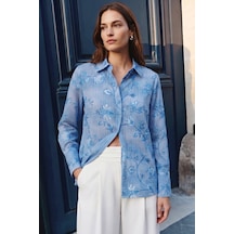 Sateen Çizgi Ve Çiçek Desenli Gömlek - Mavi-137460