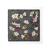 Levidor Çiçek Desenli Twill İpek Eşarp-0942 Siyah-füme
