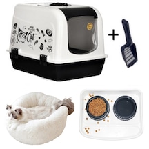 Optimal & Prime Kedi Kapalı Tuvalet Kabı Seti Maxi Kapalı Tuvalet Kabı Üstten Açılır +  Ekru Yatak  +  Mama Seti