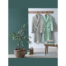 Taç Pure Cotton Aile Bornoz Seti Simple Yeşil-Gri Gri - Yeşil
