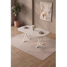 Hooli 90x168 Traverten Mdf Yemek Masası, Metal X Ayaklı, Sabit, Mutfak Masası Ve Yemek Odası Masası Beyaz