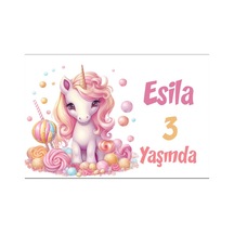 Pembe Unicorn Temalı Doğum Günü Afişi -3 50x70 Cm
