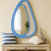 63x105 Cm Mavi Rattan Çerçeveli Organik Ayna Modern Dekoratif Duvar Aynası Tasarım Ayna, Rattan Ayna, Salon & Genç Odası Dekoru Mavi