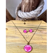 316l Çelik Pembe Kalp Figürlü Kolye Küpe Hediyelik Set