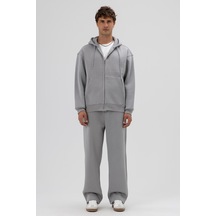 Vamos Basic Fermuarlı Oversize Kapüşonlu Sweatshirt Gri