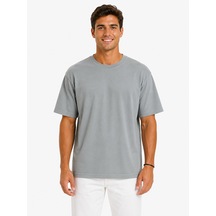 Vasto Moda Erkek Tam Oversize Kalıp Kalın Dokulu %100 Organik Pamuk Bisiklet Ribana Yakalı Açık Gri T-shirt