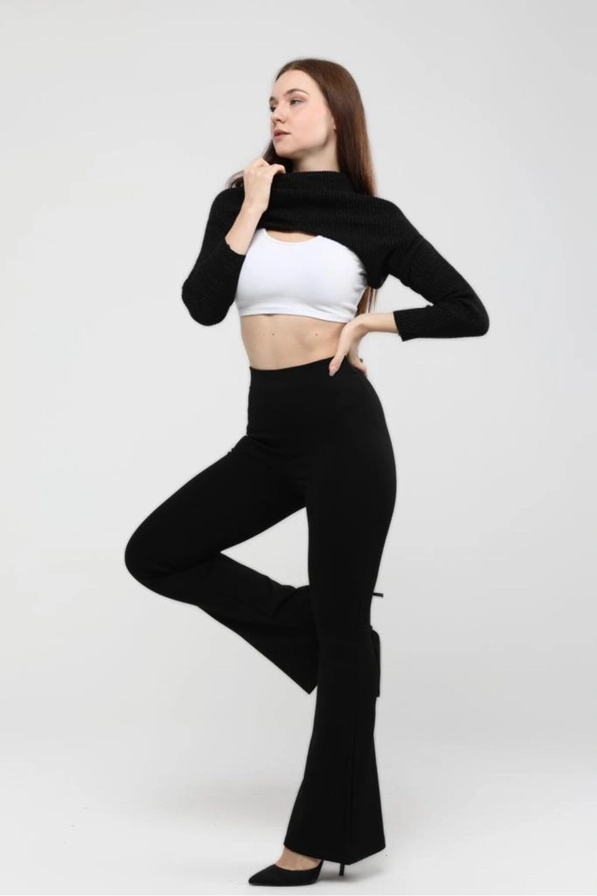 Thiff Gymwear Kadın Siyah Toparlayıcı İspanyol Paça Çelik Örme Tayt SiYAH