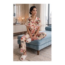 Angbutik Ekru Ayıcık Desenli Kısa Kollu Gömlek Yaka Milan Kumaş Kadın Pijama Takımı