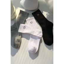 Hitit Socks Kadın 6 Çift Premium Kalite Kalp Detaylı Tenis Çorap Siyah Beyaz Gri Asorti