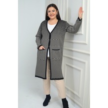 By Saygı Kadın Balıksırtı Desenli Cepli Büyük Beden Uzun Triko Hırka-41828 Siyah-taş