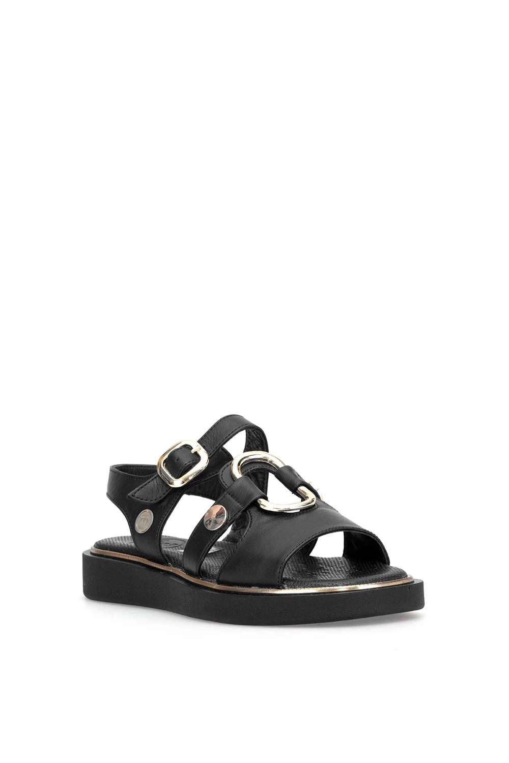 Mammamia D26ys-5290 Kadın Hakiki Deri Tokalı Düz Taban Comfort Sandalet Siyah Siyah